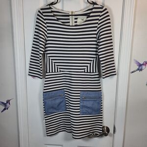Tabitha Anthro Striped Sheath Dress Blue White Denim Zip Pocket Size 0